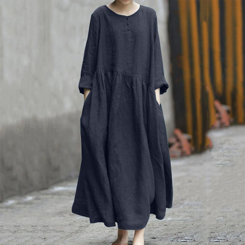 Black Cotton Linen Long Drop Waste, Plus Size Dress, Women's Dress, Ladies Cotton Dress, Casual Summer Dress