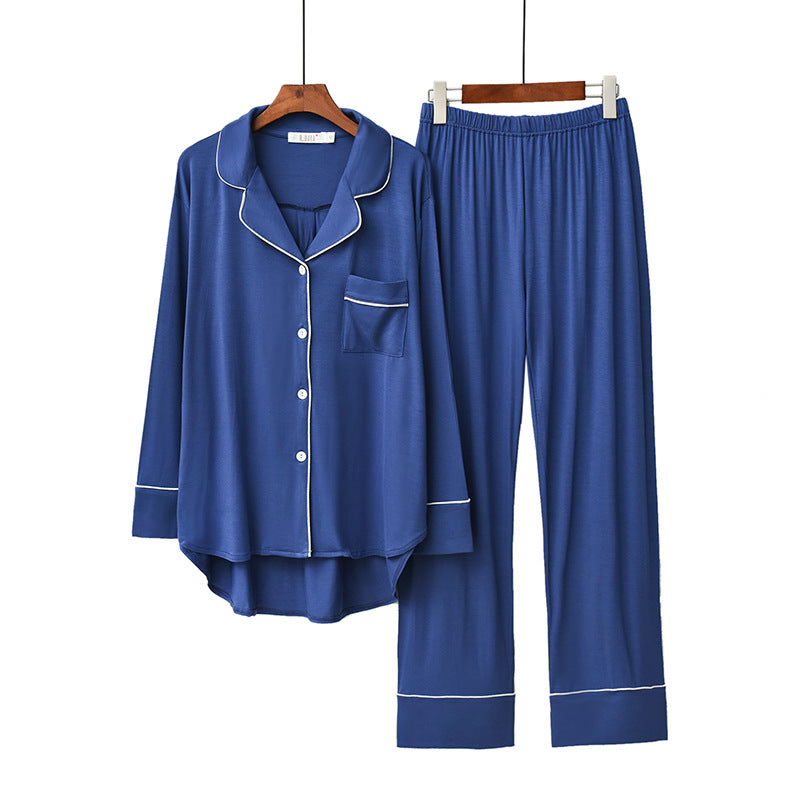 Denim Blue lightweight viscose , 2-piece women's pajamas set soft button front shirt, piping detail, loose fit trousers, women's sleepwear, pajamas, loungewear