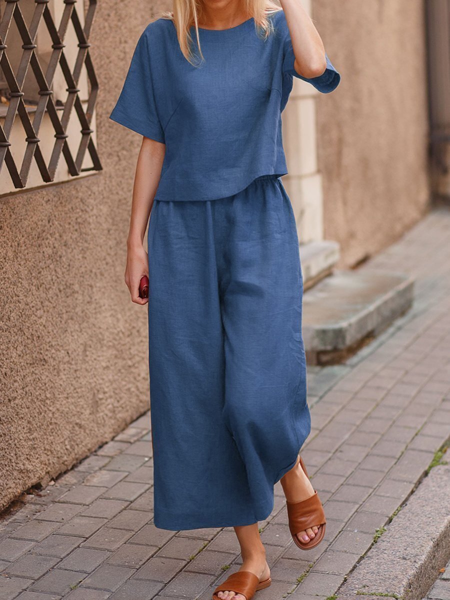 Blue Cotton Linen Travel Pants and Short Sleeve Blouse Plus Sizes Available, Women's Clothes, Ladies Summer Clothes, Casual Ladies Summer Clothes