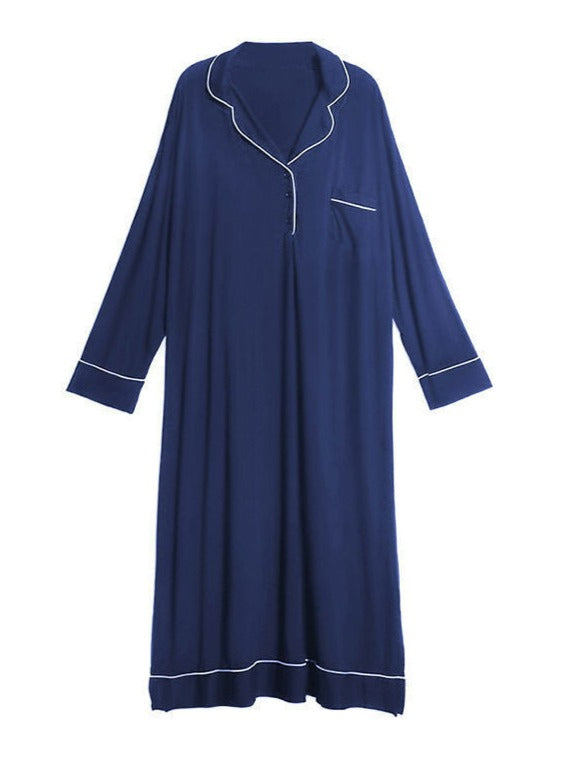 Navy Blue Long Pull-Over 3-Botton Modal Nightgown, Women's Nightgown, Ladies Nightdress, Loungewear, Sleepwear