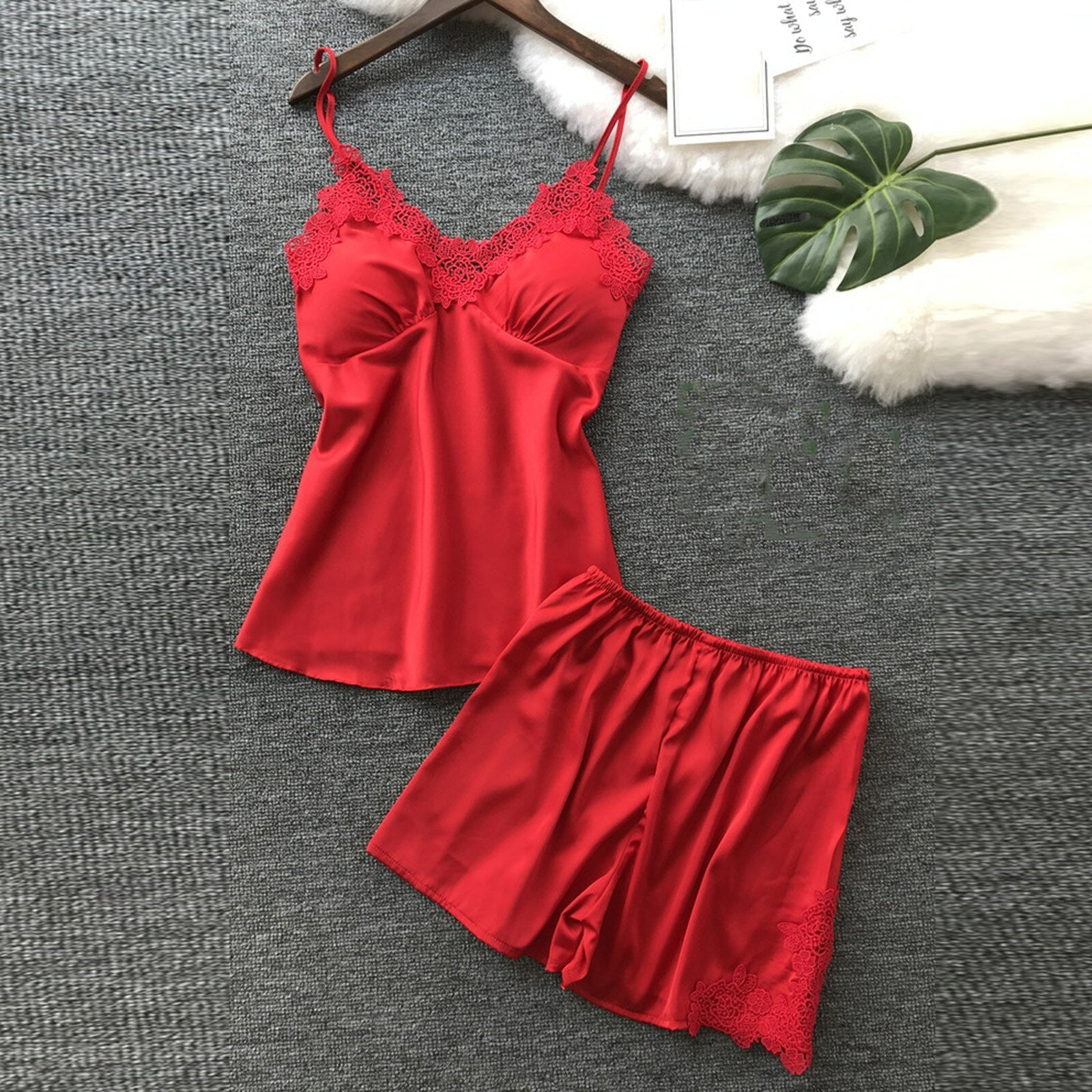 Fire Red Shorts and Camisole with accent floral lace, women's pajamas, women's shorts and camisole set, ladies pajamas, sleepwear, sexy lingerie