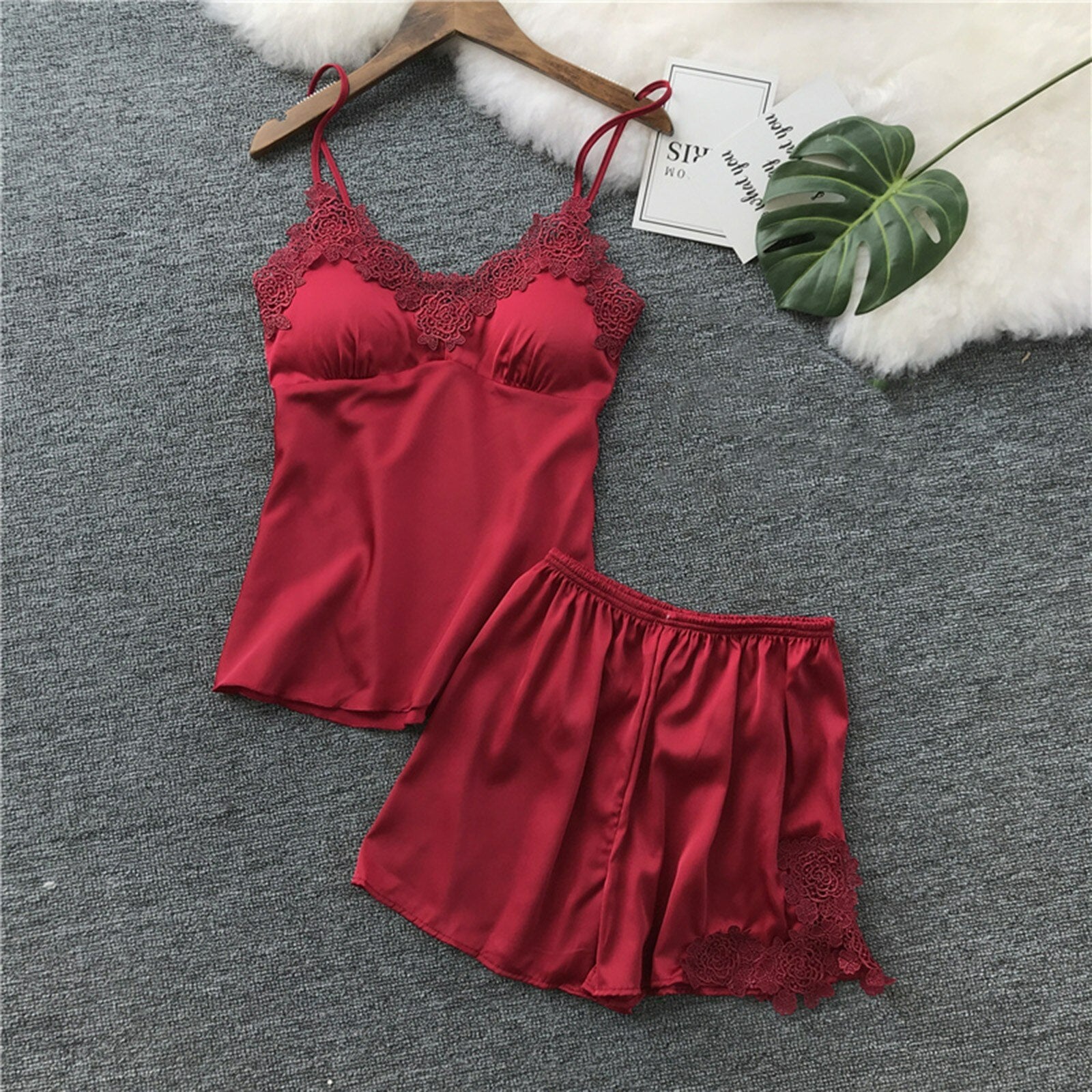 Red Shorts and Camisole with accent floral lace, women's pajamas, women's shorts and camisole set, ladies pajamas, sleepwear, sexy lingerie