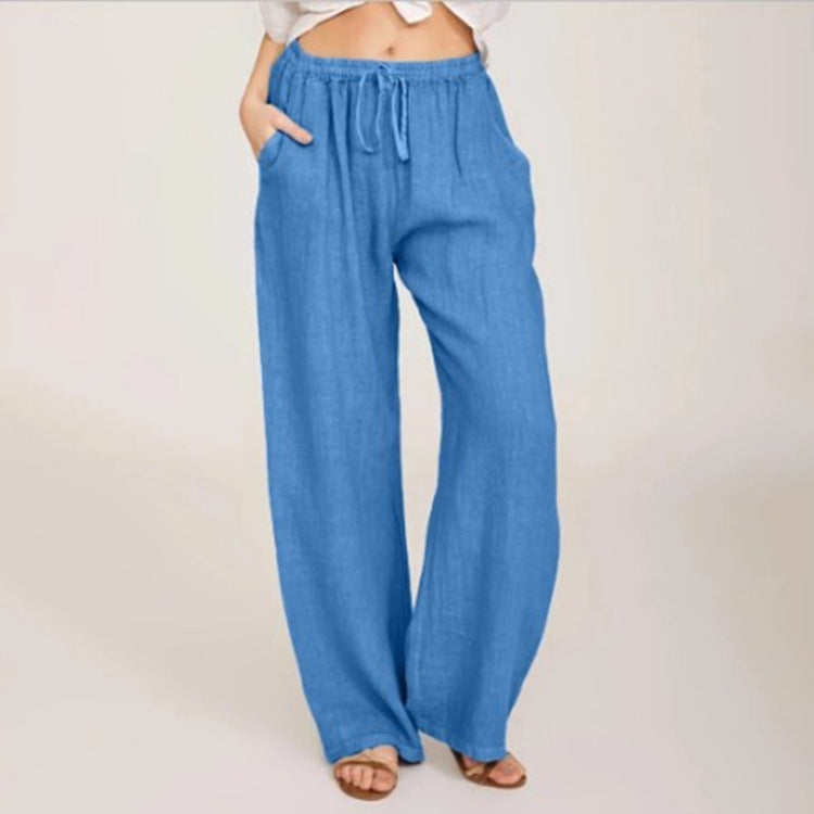 Blue Soft, Hemp, Cotton, drawstring, long loose fit trousers, pockets, Women Yoga Pants, Ladies Casual Pants,Women's Summer Drawstring Cotton Trousers, Women's Travel Clothes