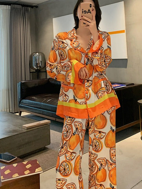 Orange Pattern Faux Silk Pajama Set, women's pajamas, ladies pajamas, Summer Pajamas, Spring Pajamas, Loungewear