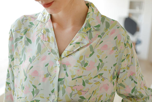 Spring Green Leaves and Pink Flowered Viscose Pajamas with Long Sleeve Button Down and Trousers,  Women's Pajamas, Ladies Pajamas, Floral Pajamas, Summer Pajamas, Soft Pajamas, Classic Pajamas
