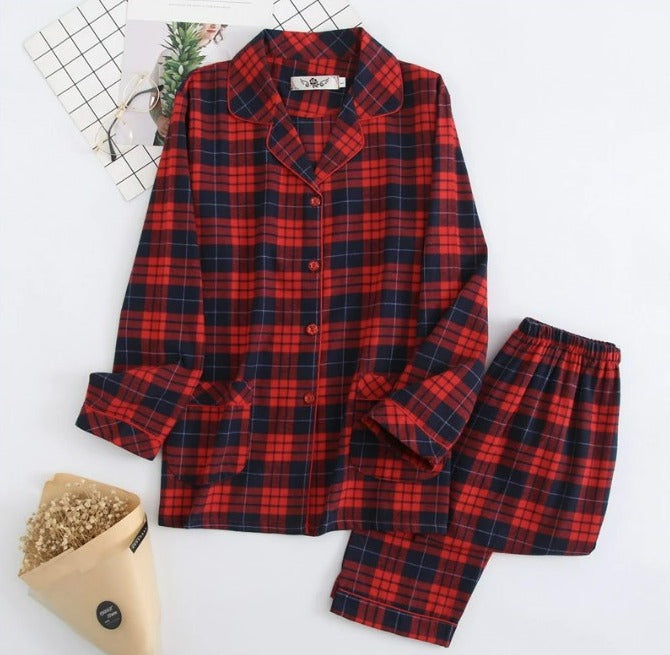 Red and Blue Tartan Plaid Flannel Pajamas with Button Down Long Sleeve Top with Lapels and Elastic Waistband Trousers Christmas Holiday Pajamas, Women's Pajamas, Ladies Pajamas, Winter Pajamas