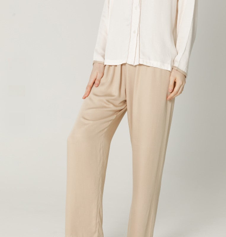 Tan and White, Classic Viscose Pajama Button-Down Top, Long-Sleeves, v-neck, long loose fit trousers with elastic Waist, women's pajamas, ladies pajamas, soft fabric pajamas, classic pajamas, sleepwear, loungewear