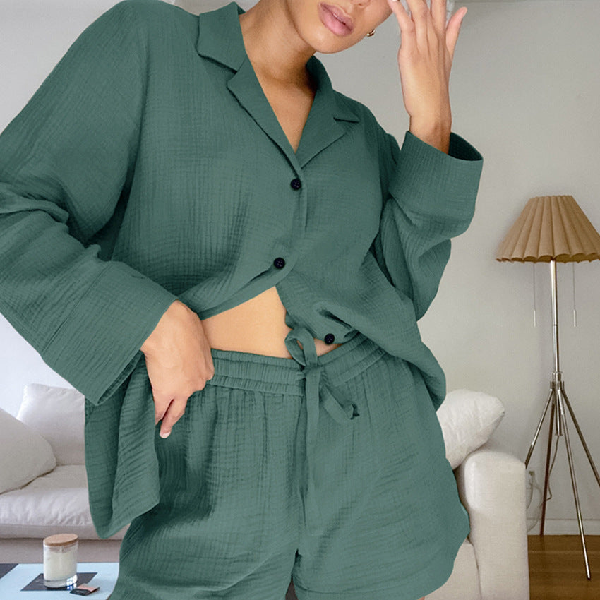 Green Short Pajama Set Button Down Top with Long Sleeves and Shorts with Elastic Waistband, Women's sleepwear, Ladies Loungewear, Casual Soft Summer Pajamas