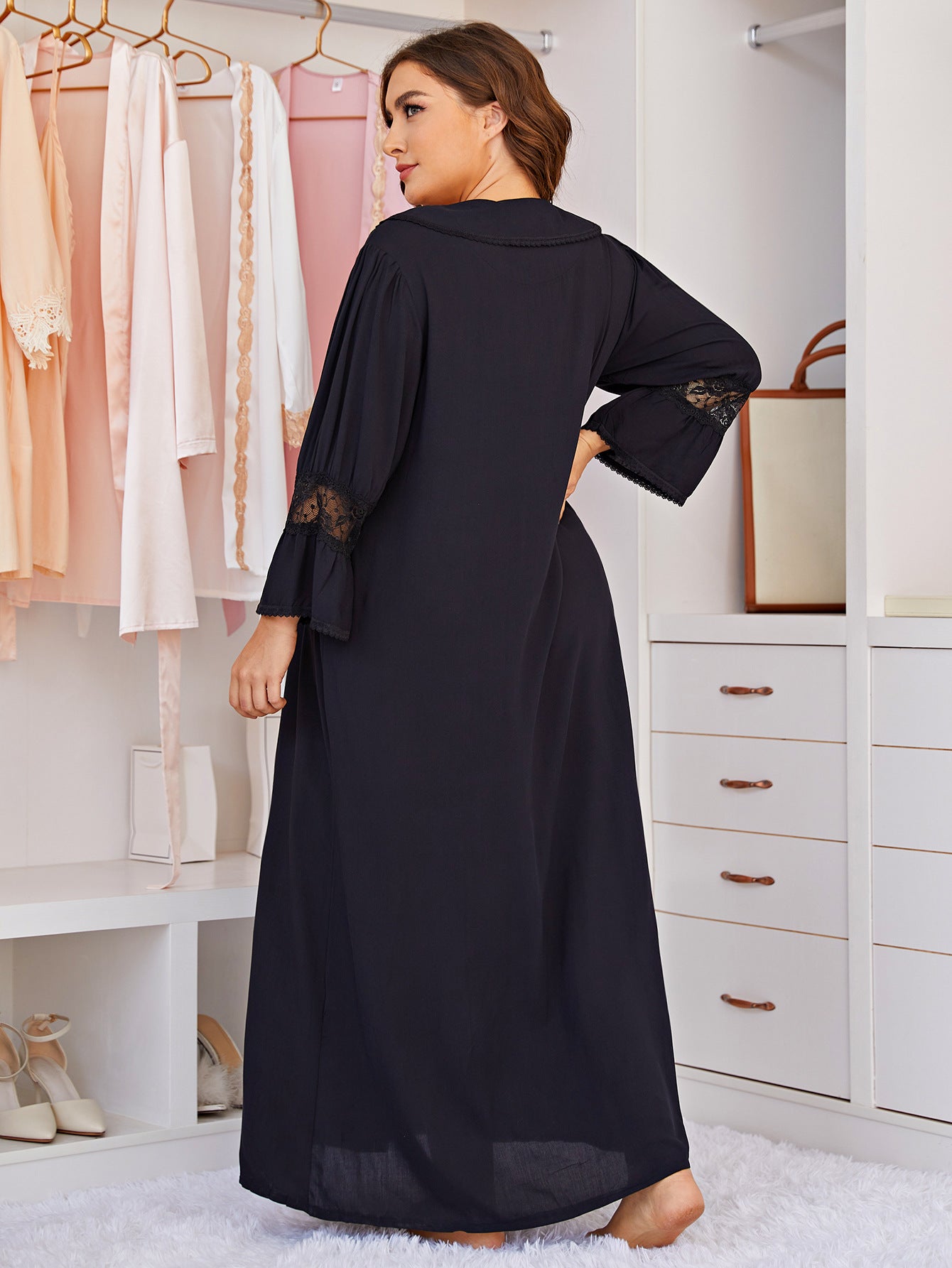 Black Plus Size Full Length, Long Sleeve, Scalp Collar, Lace Accent, House Dress, Night Gown, Loungewear