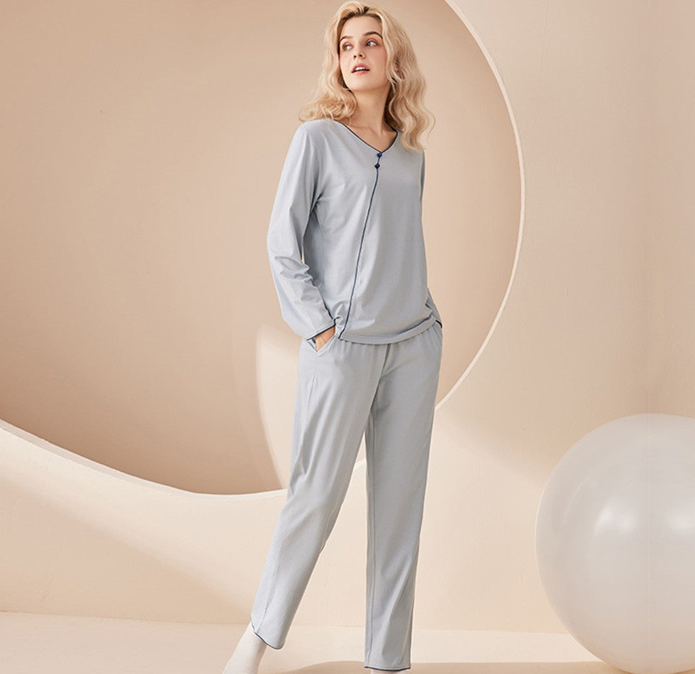 Grey Modal Cotton Fabric Pajama Set Long Sleeve Slip Over the Head Top with Elastic Waist Trousers with Pockets, Women's Pajamas, Ladies Pajamas, Sleepwear, Comfortable Pajamas