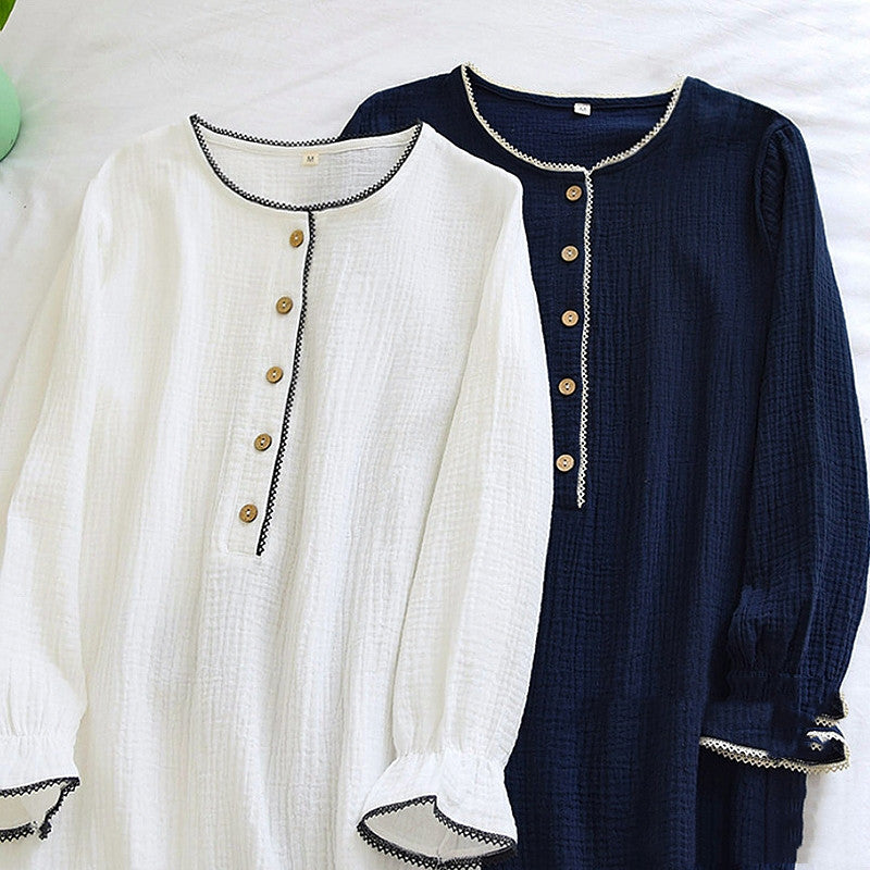 Blue and White Nightdress Round Neck Button up Long-Sleeve Below the Knee
