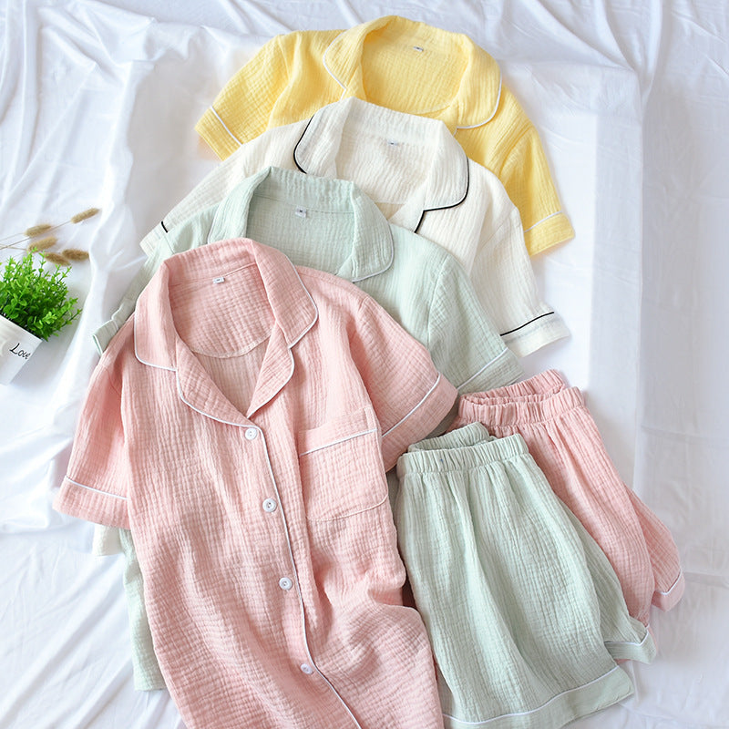 Pastel Colors Cotton Gauze Crepe Short Button Down Top with Shorts Pajama Set 