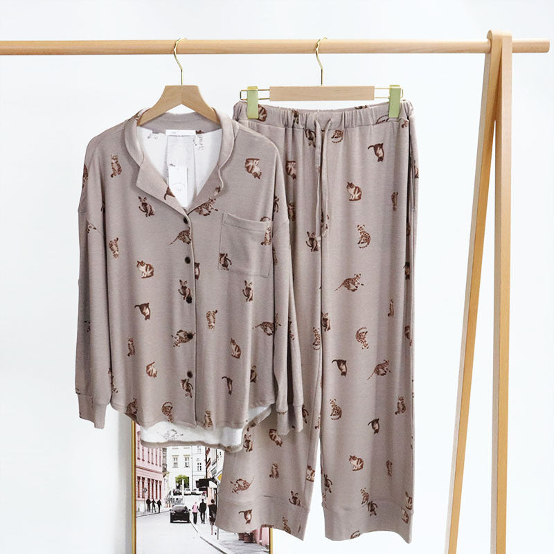 Brown Beige Kitty Cat Printed Pajamas Button Down Blouse and Elastic Waist Trousers, Ladies Pajamas, Women's Pajamas, Soft Pajamas, Casual Pajamas