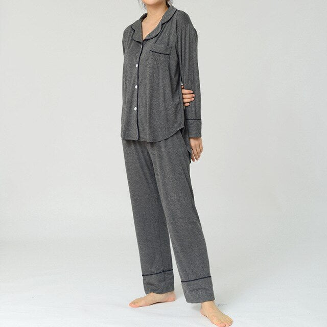 Dark Grey lightweight  viscose ,2-piece women's  pajamas set soft button front shirt, piping detail, loose fit trousers, women's sleepwear, pajamas, loungewear