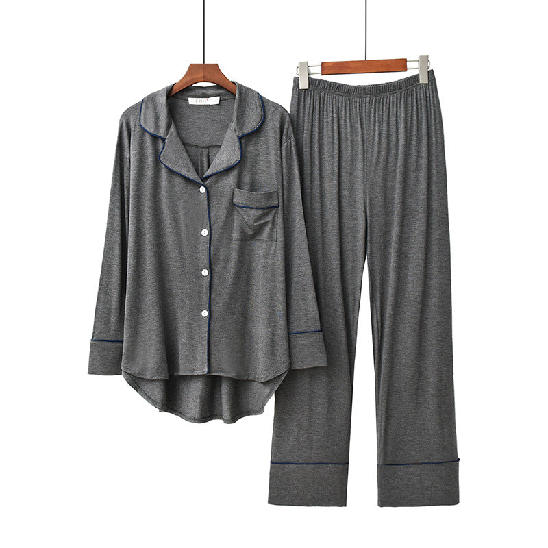 Dark Grey lightweight viscose , 2-piece women's pajamas set soft button front shirt, piping detail, loose fit trousers, women's sleepwear, pajamas, loungewear