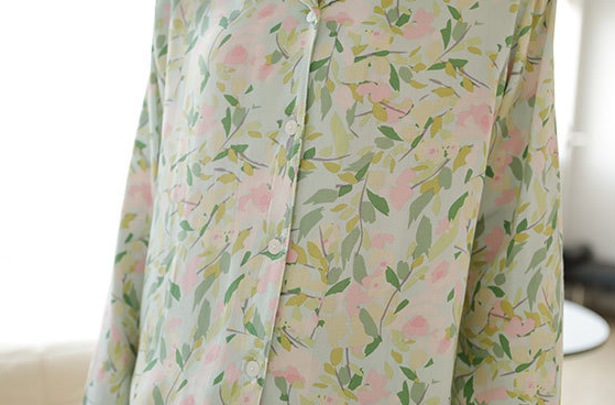 Spring Green Leaves and Pink Flowered Viscose Pajamas with Long Sleeve Button Down and Trousers,  Women's Pajamas, Ladies Pajamas, Floral Pajamas, Summer Pajamas, Soft Pajamas, Classic Pajamas