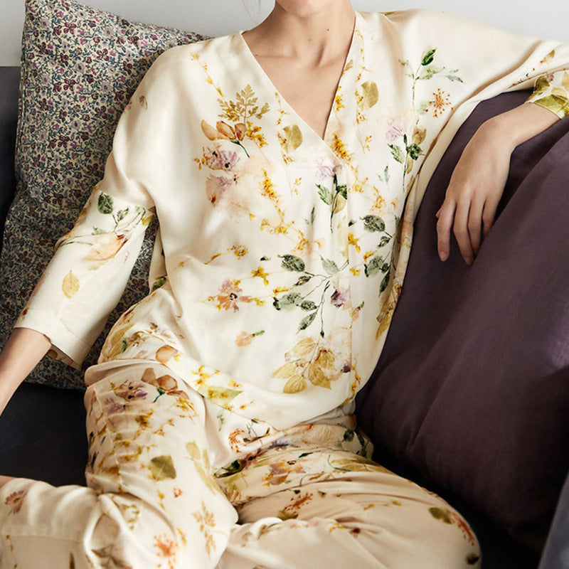 Spring Rose Pattern Viscose Top 3/4" sleeve with Trousers, Women's Floral, Flower Pajamas, Ladies Sleepwear, Soft Pajamas