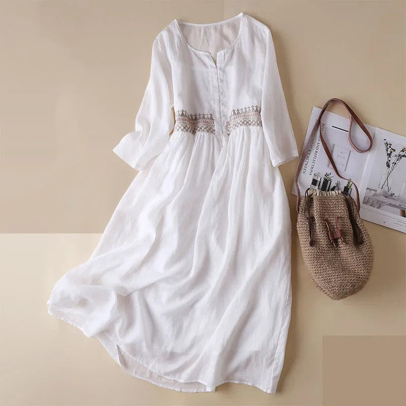 Soft white long dress with Embroidery at the waist, long sleeves scoop neck with button front, Women's Cotton Dress, Ladies Cotton Dress