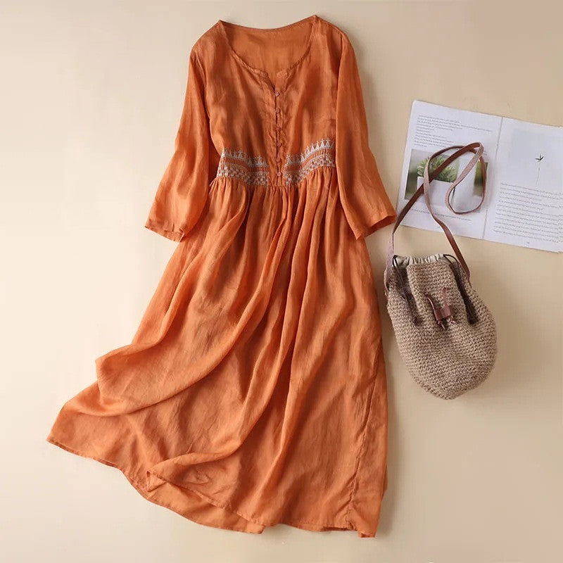 Soft Orange, Rust long dress with Embroidery at the waist, long sleeves scoop neck with button front, Women's Cotton Dress, Ladies Cotton Dress