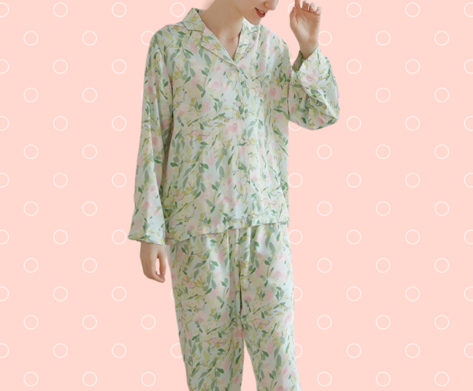 Spring Green Leaves and Pink Flowered Viscose Pajamas with Long Sleeve Button Down and Trousers,  Women's Pajamas, Ladies Pajamas, Floral Pajamas, Summer Pajamas, Soft Pajamas, Classic Pajamas