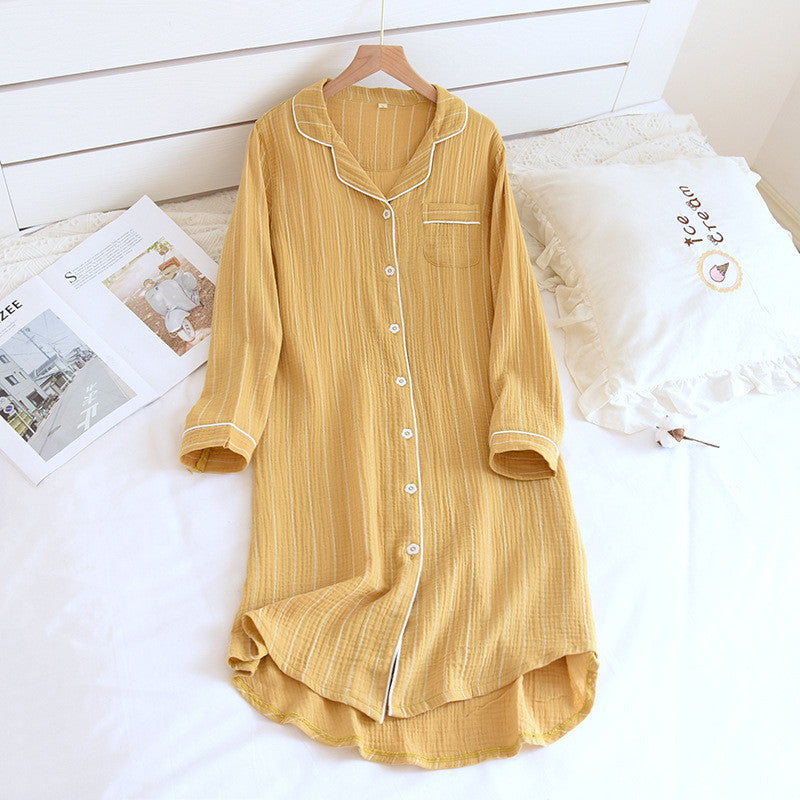 Gold Sleep Dress, Night Shirt Nightgown button-down Long Sleeve Pin-Stripped