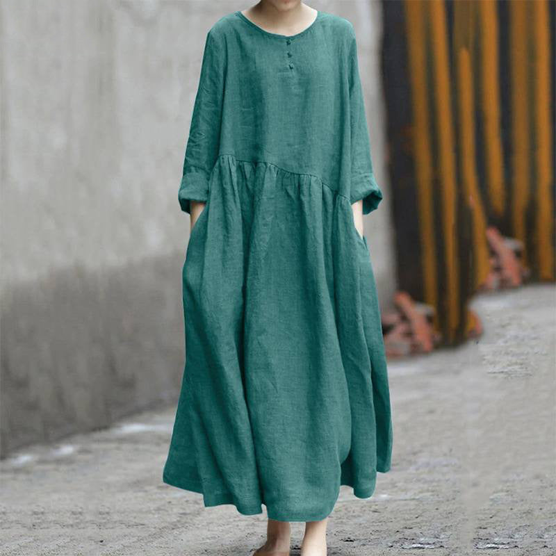 Green Cotton Linen Long Drop Waste, Plus Size Dress, Women's Dress, Ladies Cotton Dress, Casual Summer Dress