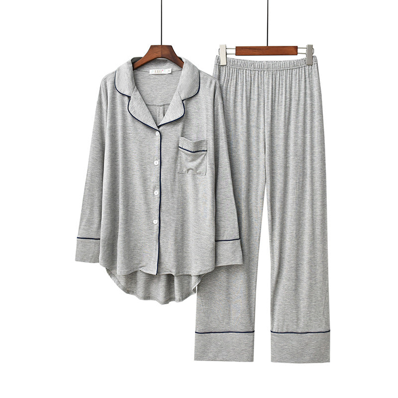 Light Grey lightweight viscose , 2-piece women's pajamas set soft button front shirt, piping detail, loose fit trousers, women's sleepwear, pajamas, loungewear