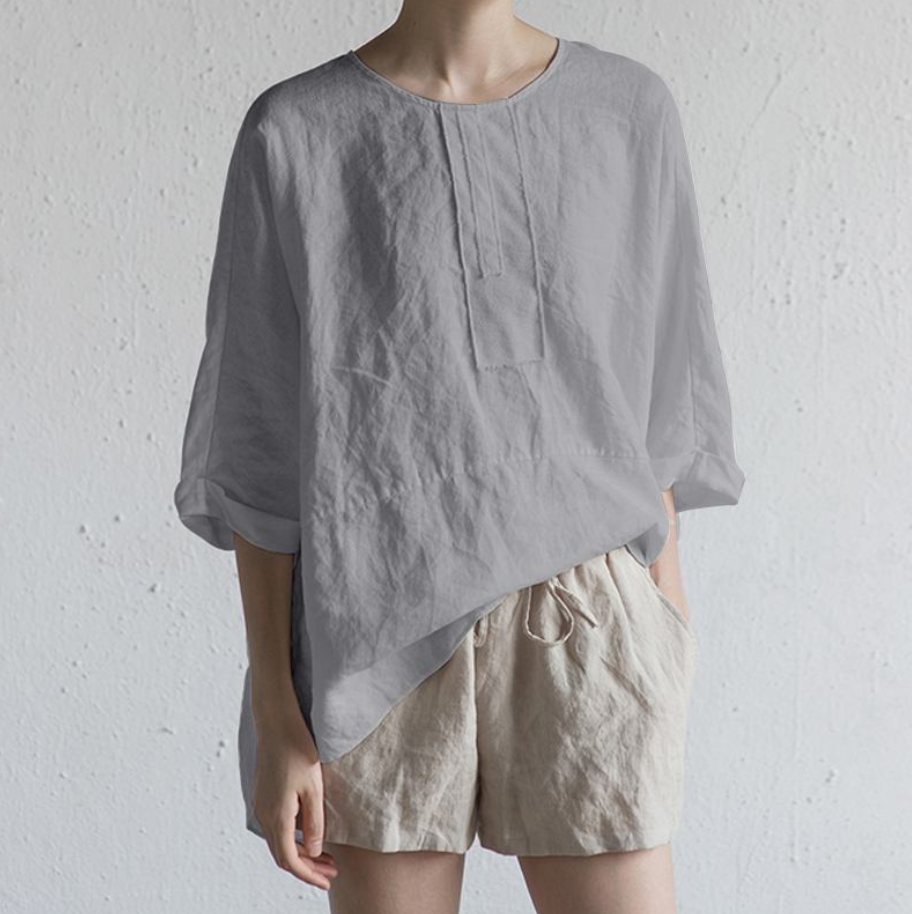 Light Grey Light weight Cotton Linen Soft Pull -Over Blouse Plus Sizes