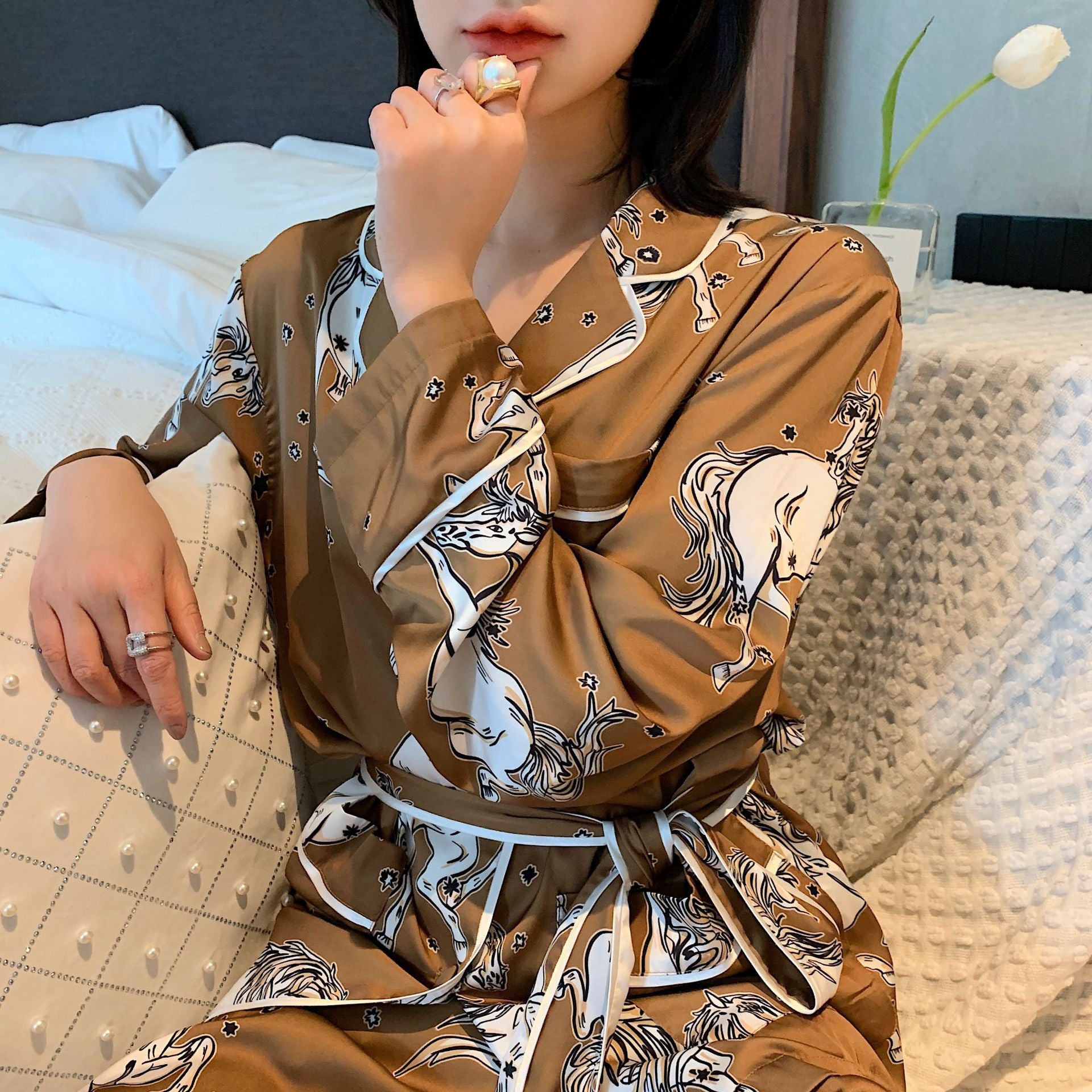 Horse Printed Patterned Pajamas, Belted Long Sleeve Button Down Top with Long Soft Trousers made of Soft Faux Silk Coffee and Cream Color.  Animal Lover, Horse Lover, Horse Enthusiast, Women's Pajamas, Ladies Pajamas, Classic Style Pajamas