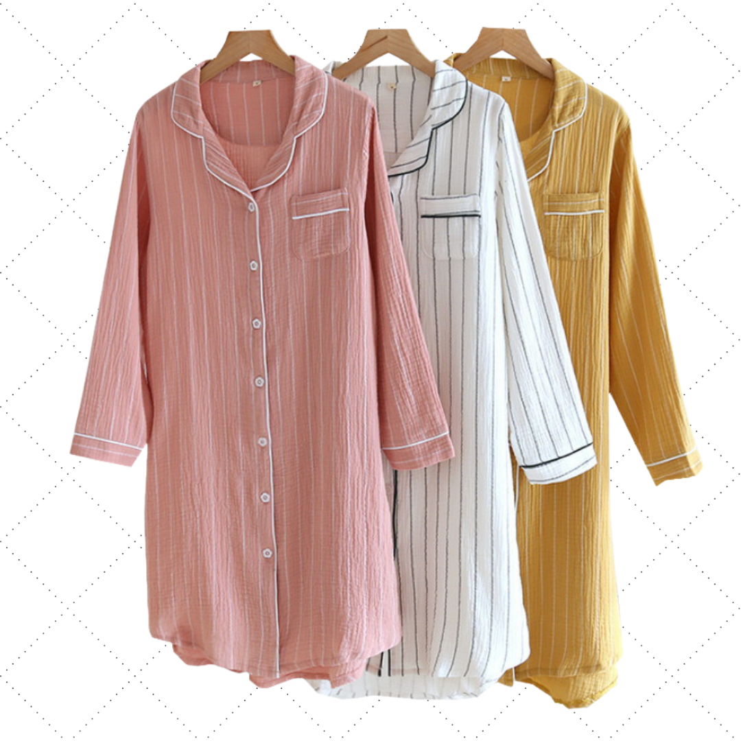 Three Colors - Sleep Dress, Night Shirt Nightgown button-down Long Sleeve Pin-Stripped 