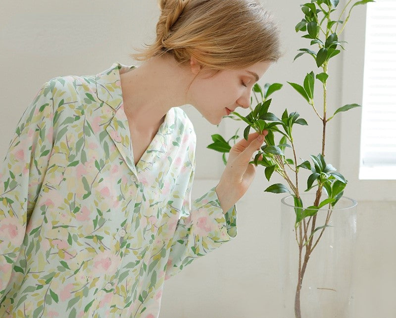 Spring Green Leaves and Pink Flowered Viscose Pajamas with Long Sleeve Button Down and Trousers,  Women's Pajamas, Ladies Pajamas, Floral Pajamas, Summer Pajamas, Soft Pajamas, Classic Pajamas