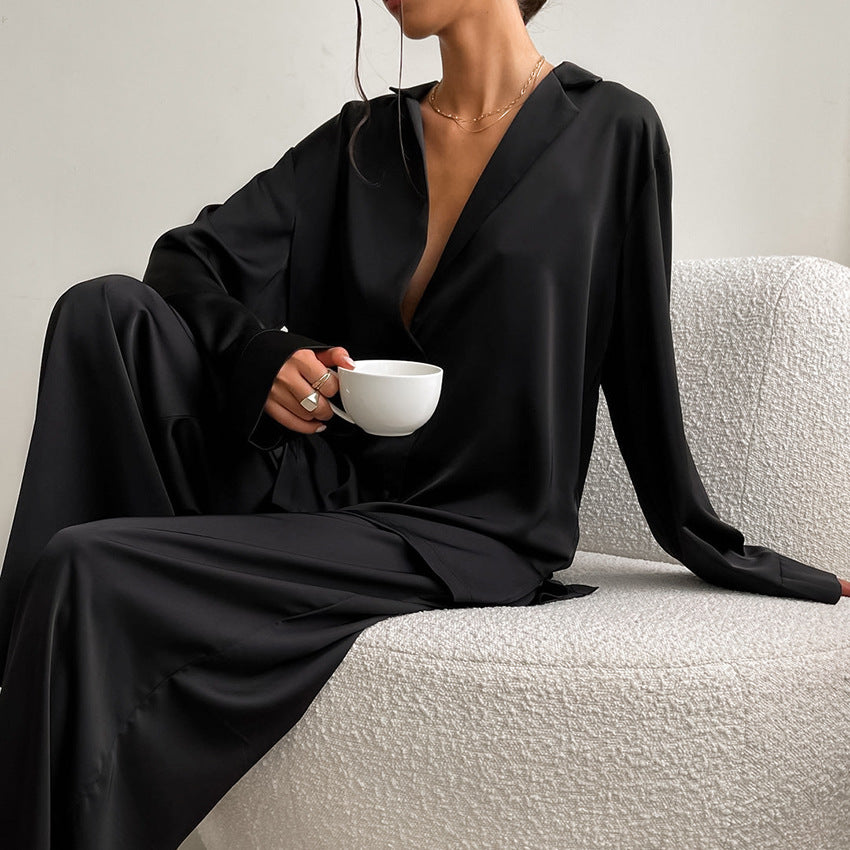 Black Super Chic Satin Pajama set Wide Bell legs, Cardigan Top with Long Sleeves