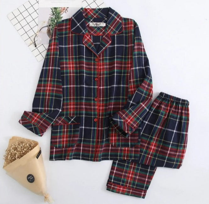 Red and Blue Tartan Plaid Flannel Pajamas with Button Down Long Sleeve Top with Lapels and Elastic Waistband Trousers Christmas Holiday Pajamas, Women's Pajamas, Ladies Pajamas, Winter Pajamas