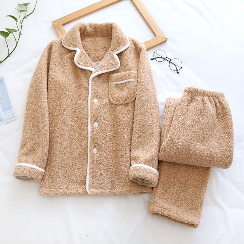 Khaki Thick Fleece Plush cardigan button down jacket and trousers, Thick Fleece Plush cardigan button down jacket and trousers, Women's Pajamas, Ladies Pajamas, Winter Sleepwear, Women's Loungewear