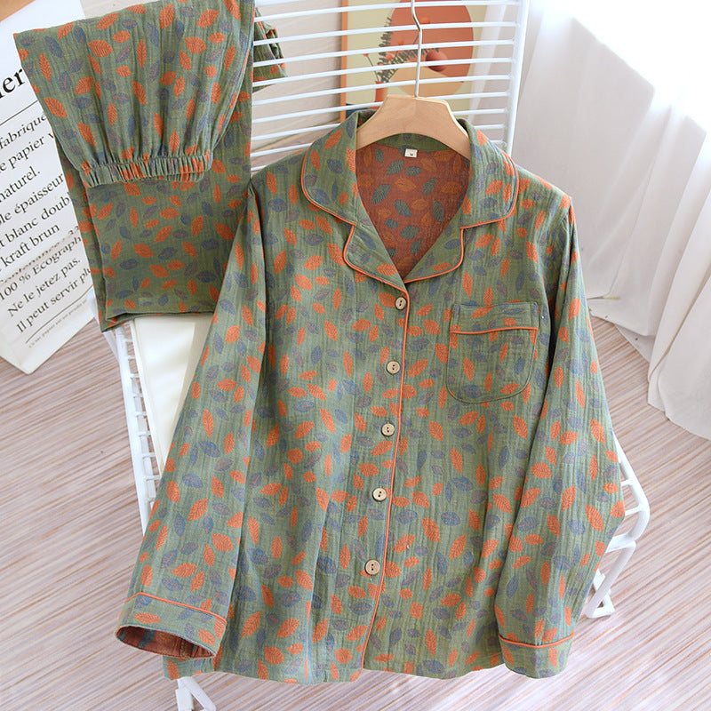 Green and Orange Leaf Pattern Cotton Color Dyed Yarn Woven Leaf Pattern Button Down Top with Long Sleeves and Lapel and Elastic Waist Long Trousers, Women's Pajamas, Ladies Pajamas, Women's Loungewear, Sleepwear