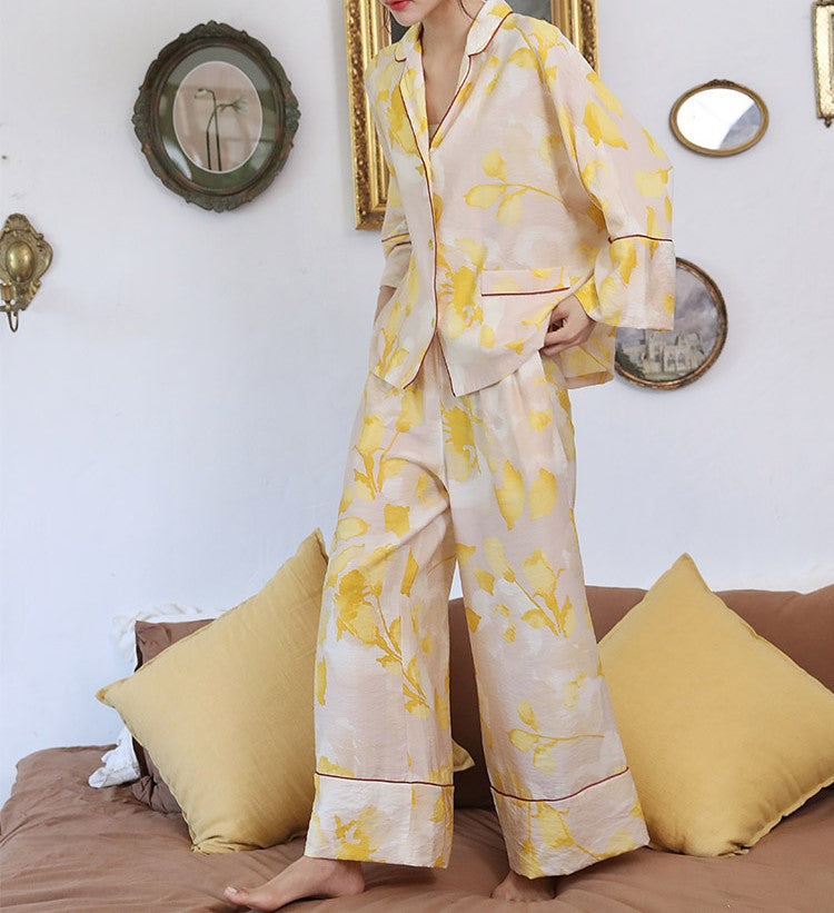 Silk Golden Abstract Flower Print Pajama Set, Faux Silk, Soft Classic Pajama Set, Women's sleepwear, Women's Pajamas, Gold and Cream colored floral pajamas