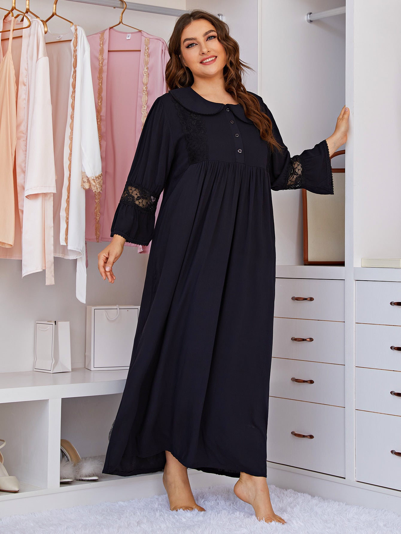 Black Plus Size Full Length, Long Sleeve, Scalp Collar, Lace Accent, House Dress, Night Gown, Loungewear