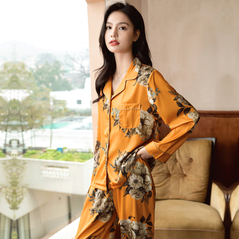 Iced Satin Pajamas, Orange, Brown and Beige Flowers, Button-Down Long-Sleeve Top, Loose Fit Elastic Waist Trousers Comfortable Beautiful Pajamas, Ladies and Women's Pajamas, Loungewear, Sleepwear, Plus Size.