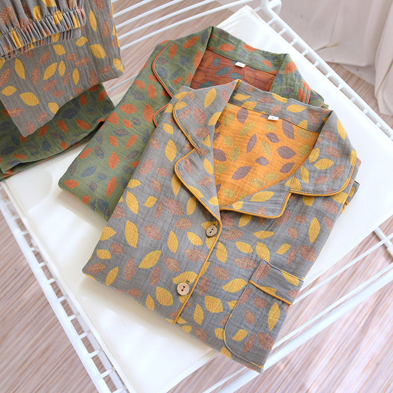 Green and Orange and Grey and Yellow Leaf Pattern Cotton Color Dyed Yarn Woven Leaf Pattern Button Down Top with Long Sleeves and Lapel and Elastic Waist Long Trousers, Women's Pajamas, Ladies Pajamas, Women's Loungewear, Sleepwear