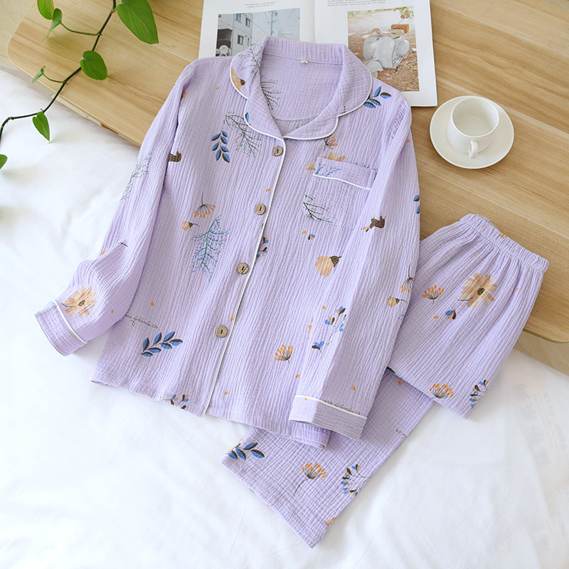 100% Cotton Gauze Lilac Wild Flower Print Long Sleeve Button-Down Shirt Elastic Waist Trousers, Women's Pajamas, Ladies Pajamas, Sleepwear, Classic Pajamas