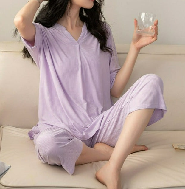 Lilac Modal Fabric Pajama set Short Sleeve, Cropped Trousers Elastic Waist, Women's Pajamas, Ladies Pajamas, Modal Sleepwear, Loungewear