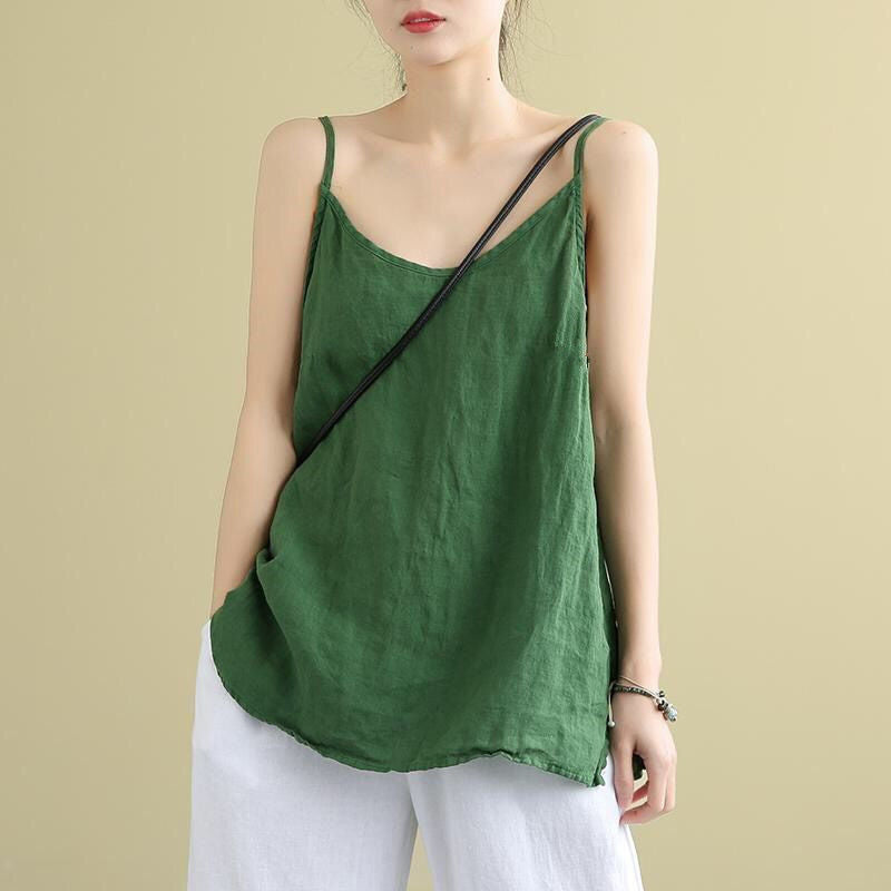 Green, Women's, Ladies, Cotton, Linen, Sleeveless, Spaghetti Strap, Long Top, Long Blouse