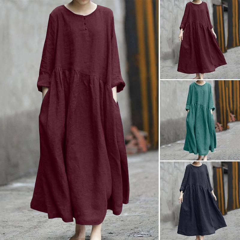 Plus Size Cotton Linen Long Drop Waste Dress