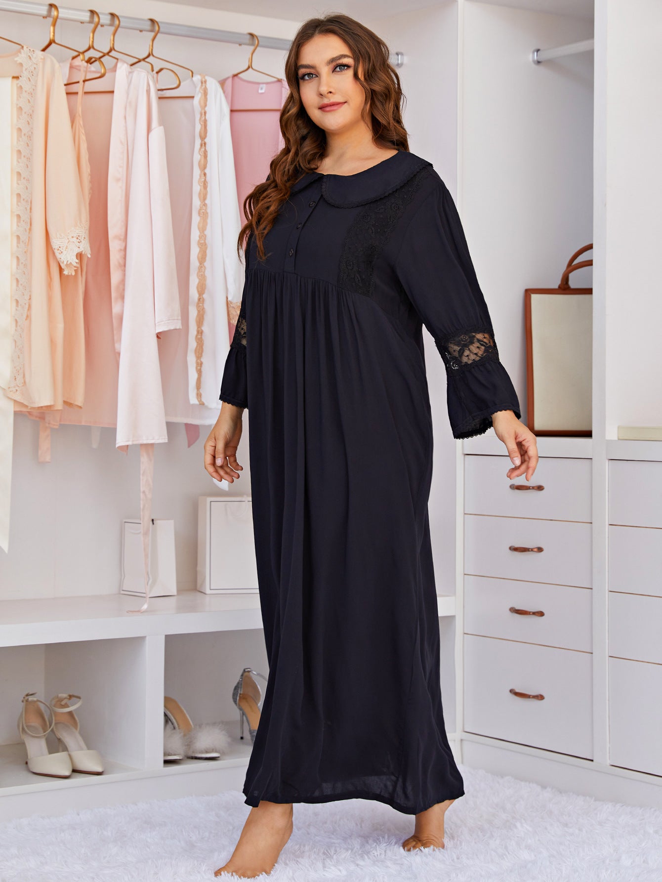 Black Plus Size Full Length, Long Sleeve, Scalp Collar, Lace Accent, House Dress, Night Gown, Loungewear