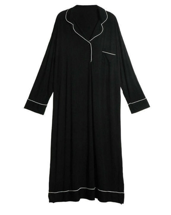 Black Long Pull-Over 3-Botton Modal Nightgown, Women's Nightgown, Ladies Nightdress, Loungewear, Sleepwear