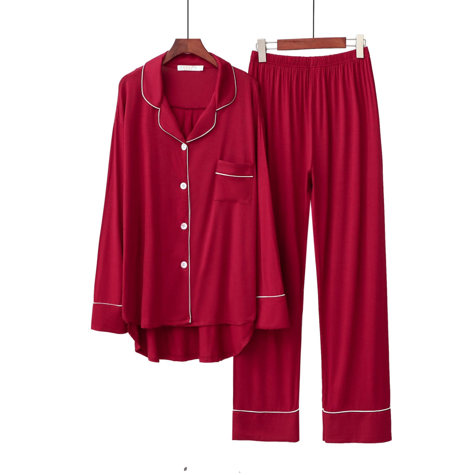 Red lightweight viscose ,2-piece women's pajamas set soft button front shirt, piping detail, loose fit trousers, women's sleepwear, pajamas, loungewear