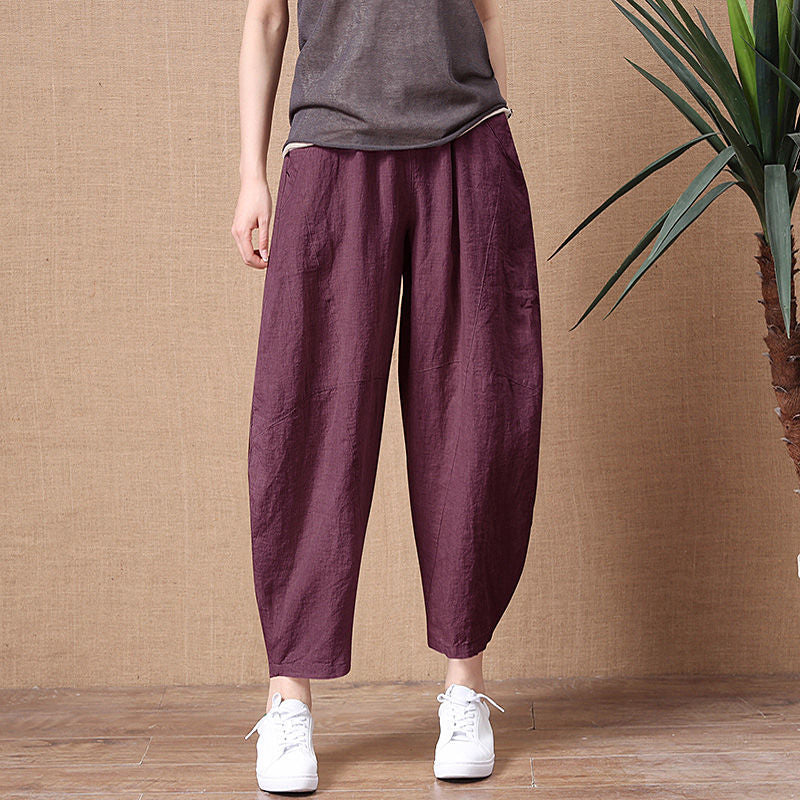 Maroon Linen Capri Pants Elastic Waist Pockets, Plus Sizes Available, Women's Capris, Ladies Trousers, Women's Summer Pants, Yoga Wear