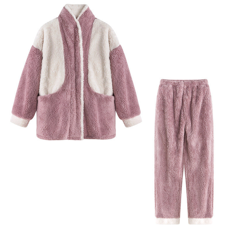 Purple and White Two Tone Super Plush Fleece Two Piece Zip Up Jacket with Deep Pockets and Elastic Waist Trousers,  Women's Plush Fleece Tracksuit, Ladies Plush Loungewear, Winter Pajamas