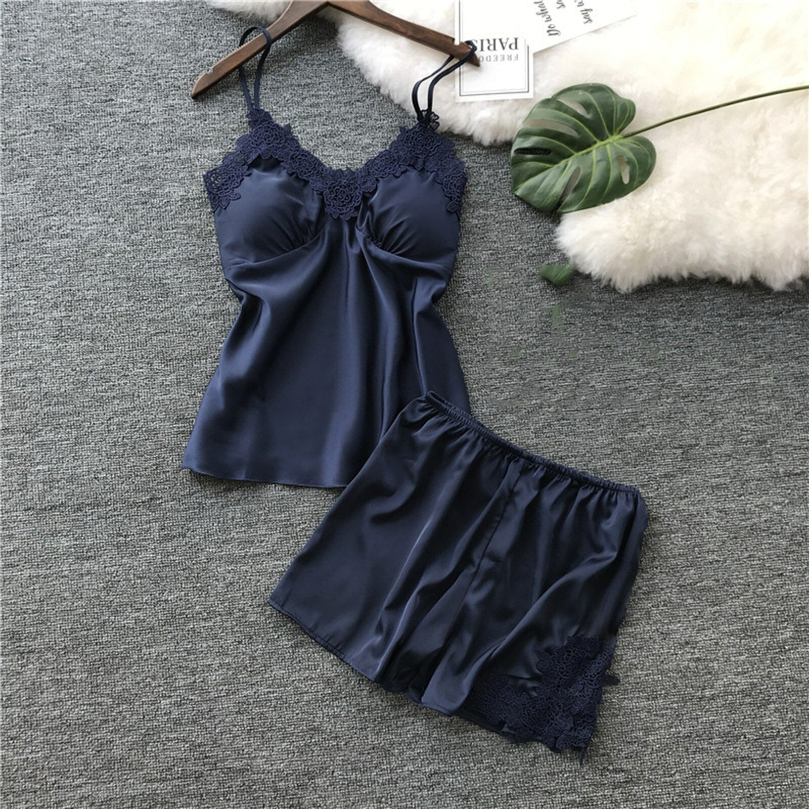 Navy Blue Shorts and Camisole with accent floral lace, women's pajamas, women's shorts and camisole set, ladies pajamas, sleepwear, sexy lingerie