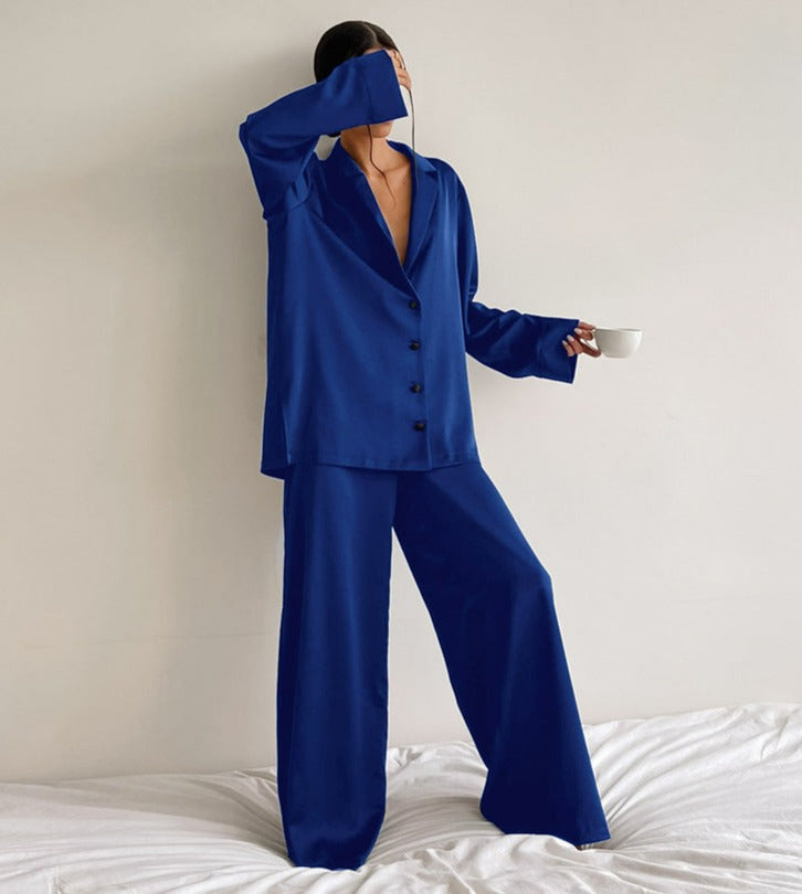 Blue Super Chic Satin Pajama set Wide Bell legs, Cardigan Top with Long Sleeves